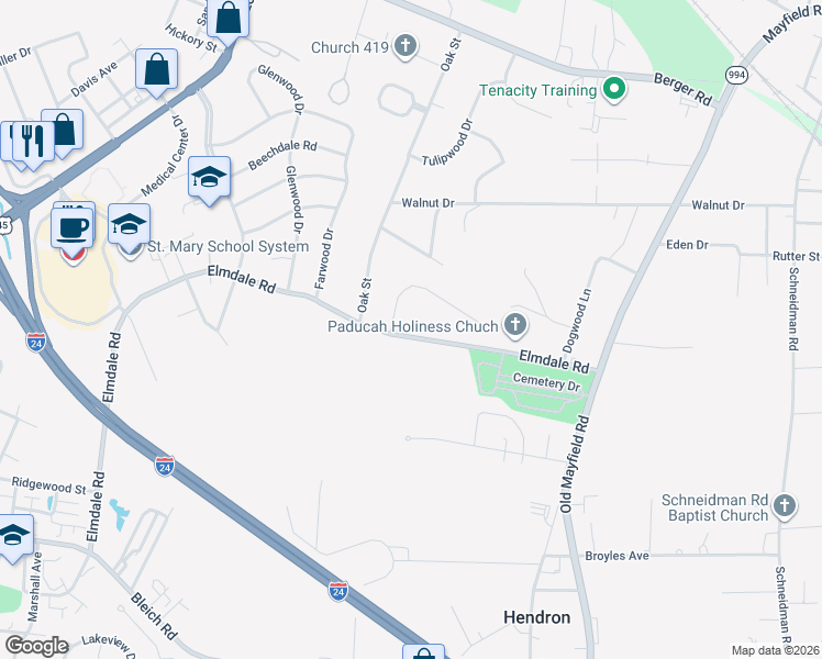 map of restaurants, bars, coffee shops, grocery stores, and more near 315 Keeling Drive in Paducah