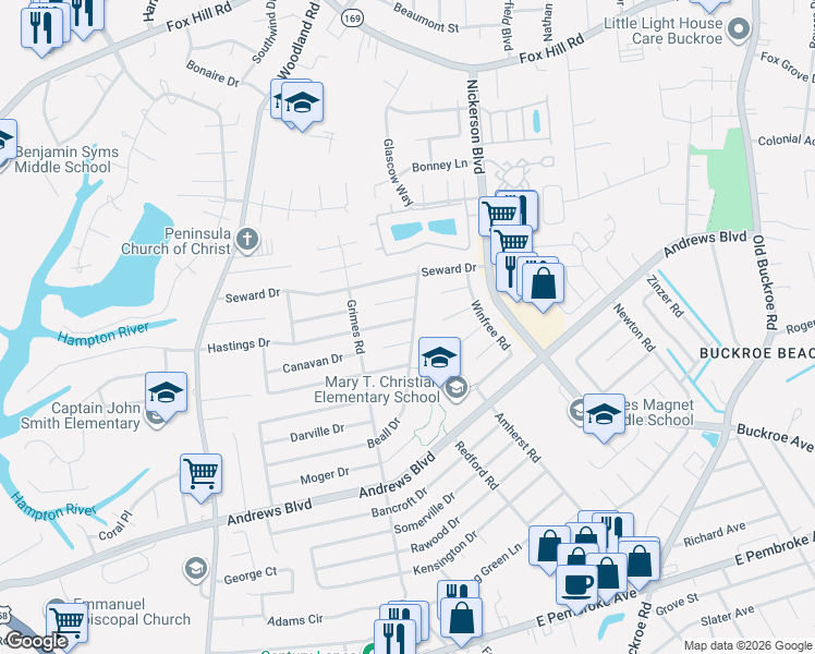 map of restaurants, bars, coffee shops, grocery stores, and more near 1914 Hastings Drive in Hampton