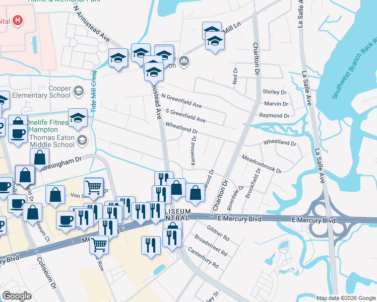 map of restaurants, bars, coffee shops, grocery stores, and more near 27 Kenwood Drive in Hampton