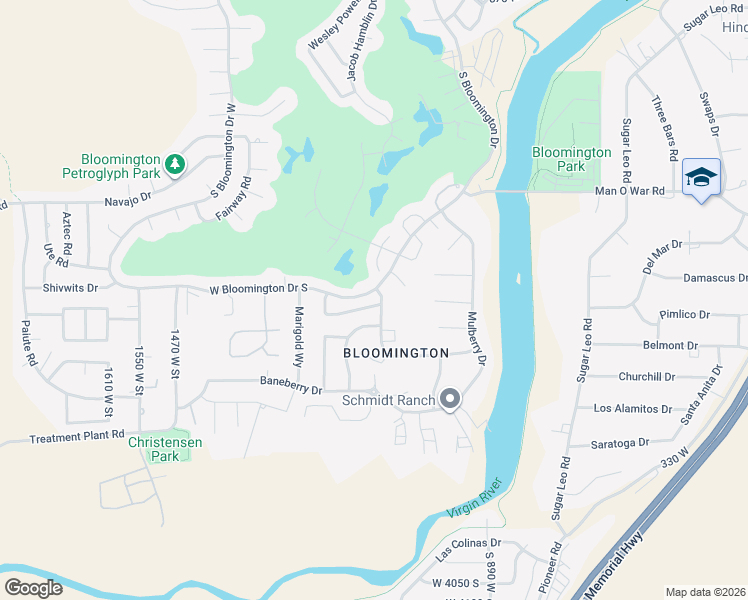 map of restaurants, bars, coffee shops, grocery stores, and more near 3530 Manzanita Road in St. George