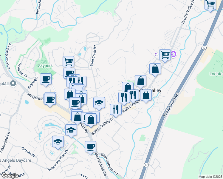 map of restaurants, bars, coffee shops, grocery stores, and more near 118 Christel Oaks Drive in Scotts Valley