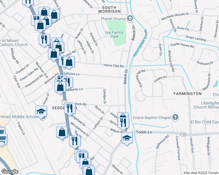 map of restaurants, bars, coffee shops, grocery stores, and more near 621 Latham Drive in Newport News