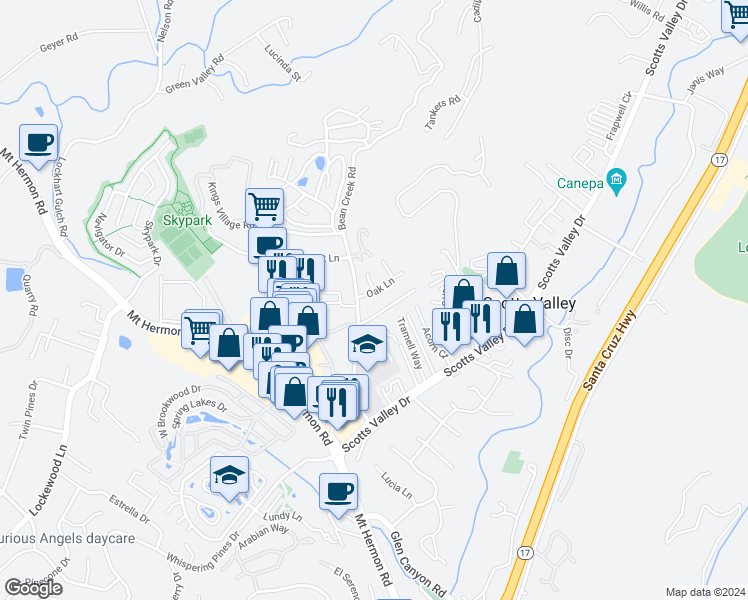 map of restaurants, bars, coffee shops, grocery stores, and more near 104 Oak Lane in Scotts Valley