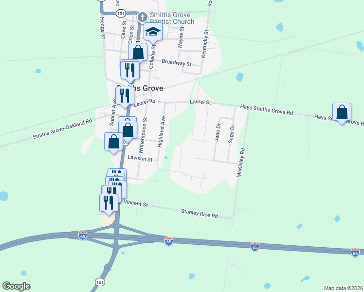 map of restaurants, bars, coffee shops, grocery stores, and more near 298 Ridgecrest Street in Smiths Grove
