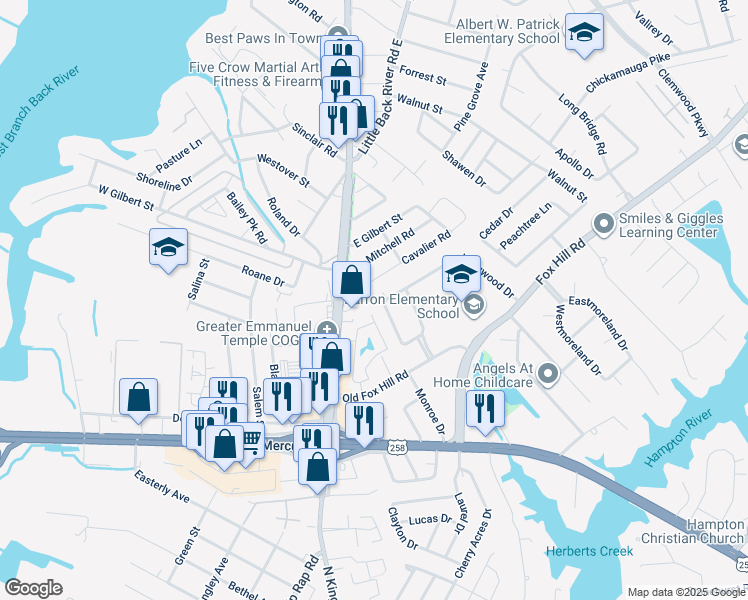 map of restaurants, bars, coffee shops, grocery stores, and more near 25 Longwood Drive in Hampton