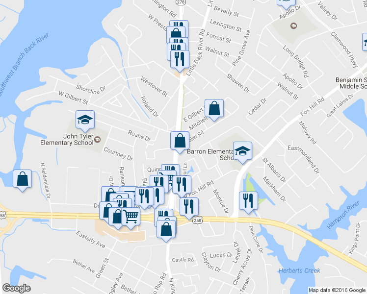 map of restaurants, bars, coffee shops, grocery stores, and more near 4 Cavalier Road in Hampton