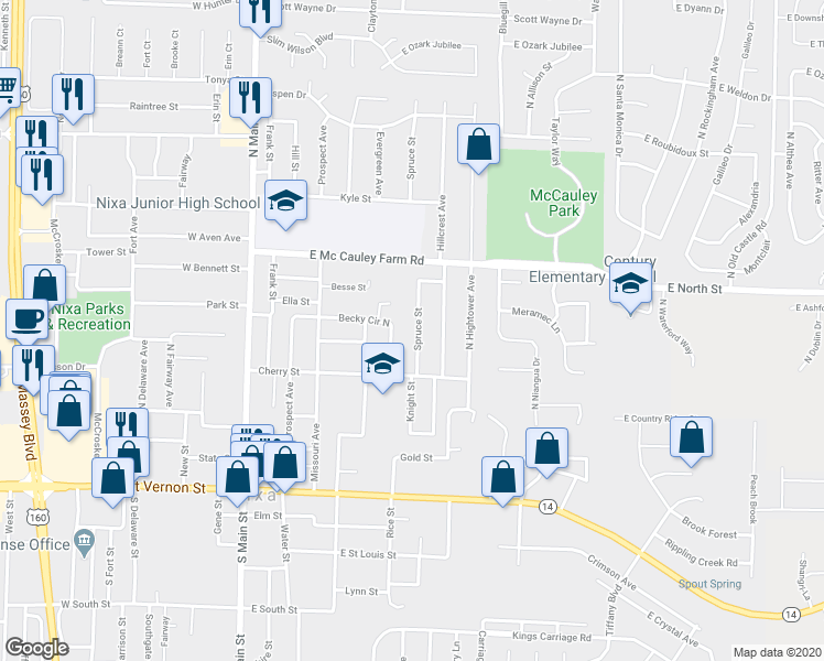 map of restaurants, bars, coffee shops, grocery stores, and more near 413 Spruce Street in Nixa