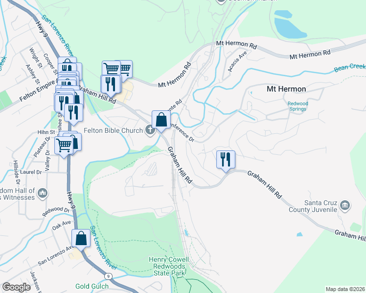 map of restaurants, bars, coffee shops, grocery stores, and more near 1 Roaring Camp Road in Felton
