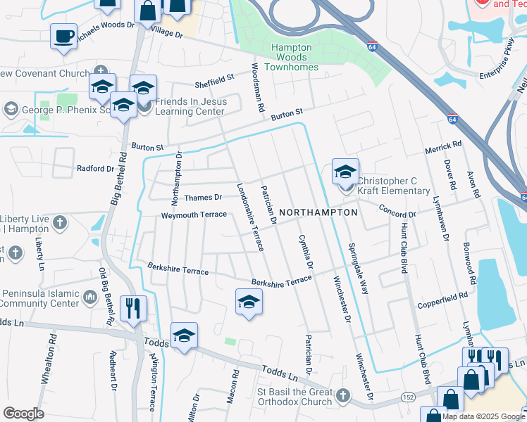 map of restaurants, bars, coffee shops, grocery stores, and more near 307 Patrician Drive in Hampton
