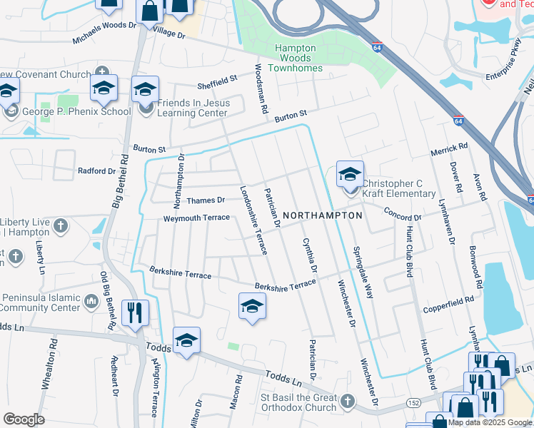 map of restaurants, bars, coffee shops, grocery stores, and more near 307 Patrician Drive in Hampton