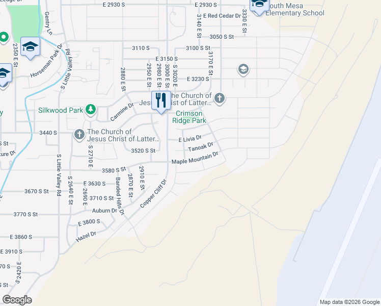 map of restaurants, bars, coffee shops, grocery stores, and more near 3078 Tanoak Drive in St. George