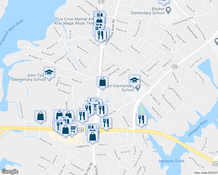 map of restaurants, bars, coffee shops, grocery stores, and more near 25 Longwood Drive in Hampton