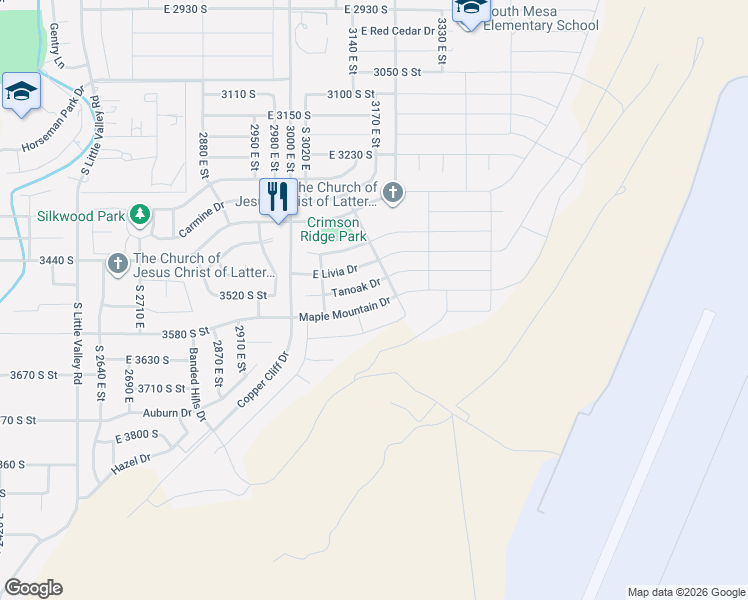 map of restaurants, bars, coffee shops, grocery stores, and more near 3165 Maple Mountain Drive in St. George