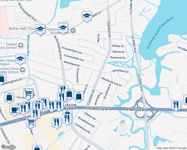 map of restaurants, bars, coffee shops, grocery stores, and more near 46 Inglewood Drive in Hampton