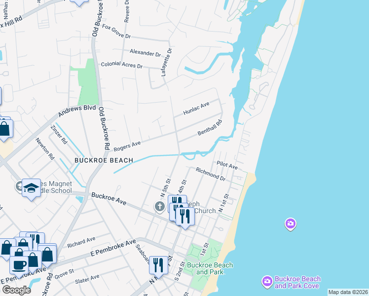 map of restaurants, bars, coffee shops, grocery stores, and more near 451 Benthall Road in Hampton