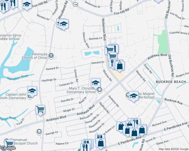 map of restaurants, bars, coffee shops, grocery stores, and more near 2004 Neville Circle in Hampton