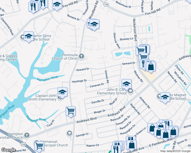 map of restaurants, bars, coffee shops, grocery stores, and more near 1504 Cronin Dr in Hampton