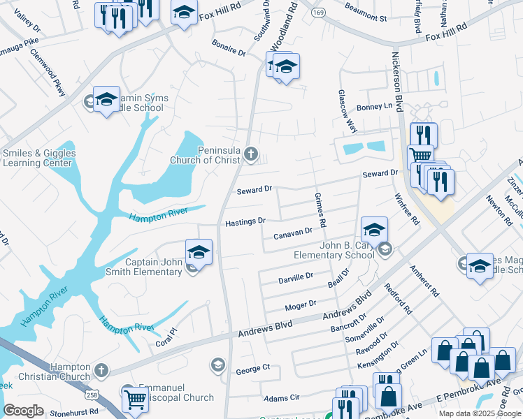 map of restaurants, bars, coffee shops, grocery stores, and more near 1418 Tartan Lane in Hampton