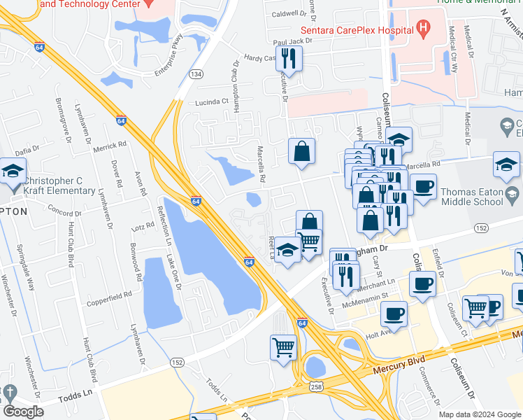 map of restaurants, bars, coffee shops, grocery stores, and more near 101 Lake Tower Drive in Hampton