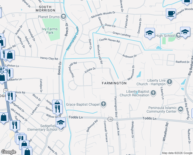 map of restaurants, bars, coffee shops, grocery stores, and more near 13 Whetstone Drive in Hampton