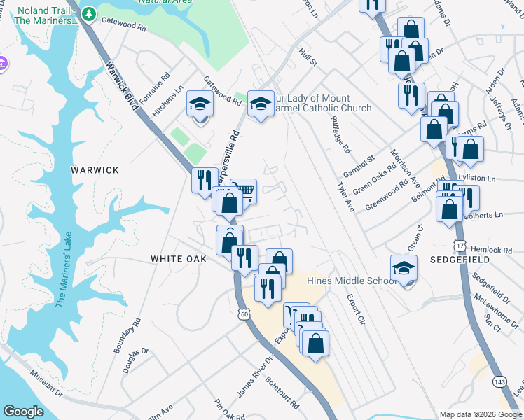 map of restaurants, bars, coffee shops, grocery stores, and more near 19 Colonial Place in Newport News