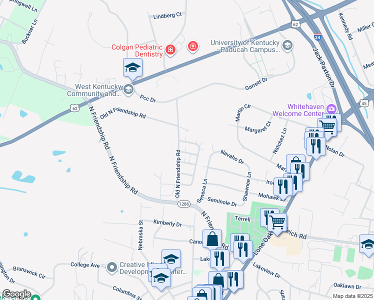 map of restaurants, bars, coffee shops, grocery stores, and more near 2250 Rock Creek Circle in Paducah