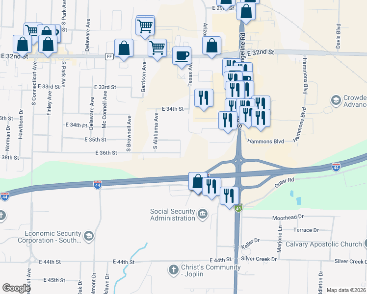 map of restaurants, bars, coffee shops, grocery stores, and more near 3519 Mississippi Avenue in Joplin