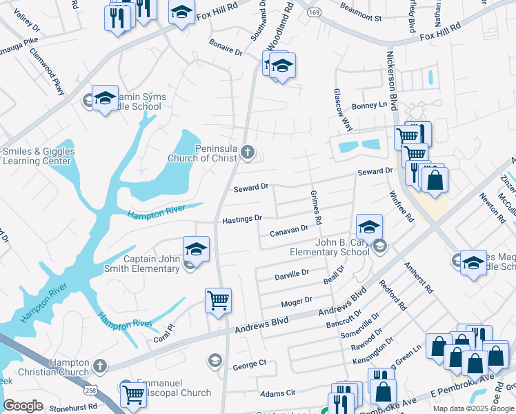 map of restaurants, bars, coffee shops, grocery stores, and more near 1418 Tartan Lane in Hampton