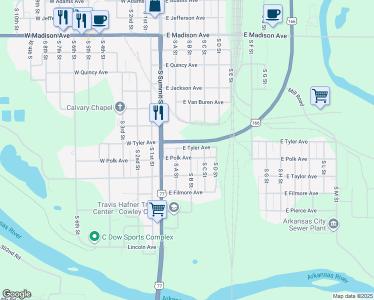 map of restaurants, bars, coffee shops, grocery stores, and more near 1201 South B Street in Arkansas City