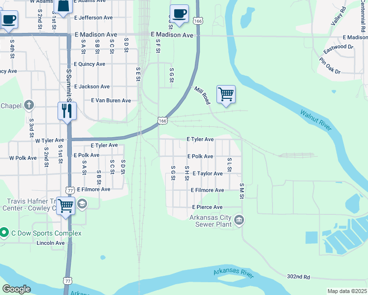 map of restaurants, bars, coffee shops, grocery stores, and more near 1211 South H Street in Arkansas City