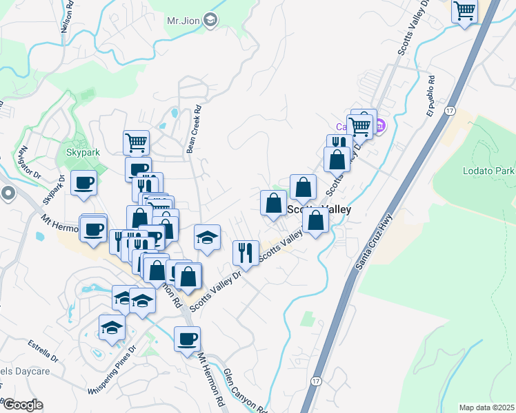 map of restaurants, bars, coffee shops, grocery stores, and more near 71 Terrace View Drive in Scotts Valley