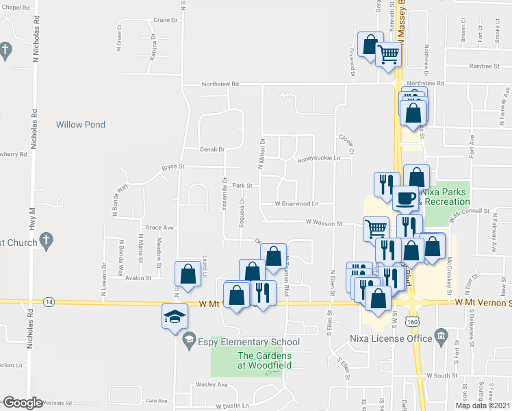 map of restaurants, bars, coffee shops, grocery stores, and more near 405 Milton Drive in Nixa
