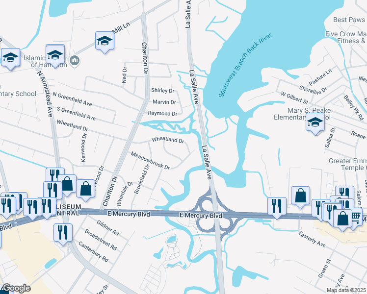 map of restaurants, bars, coffee shops, grocery stores, and more near 5 Wheatland Dr in Hampton