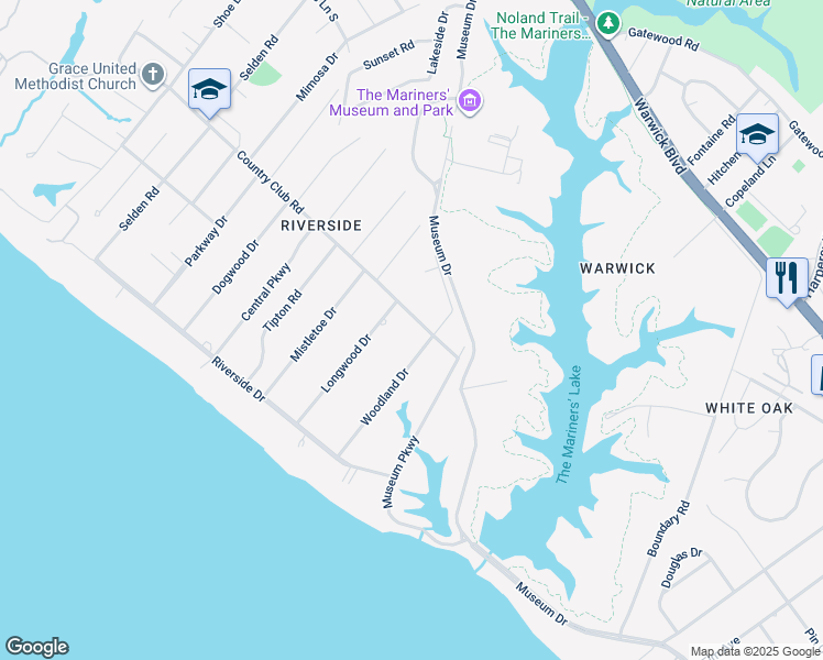 map of restaurants, bars, coffee shops, grocery stores, and more near 205 Country Club Road in Newport News