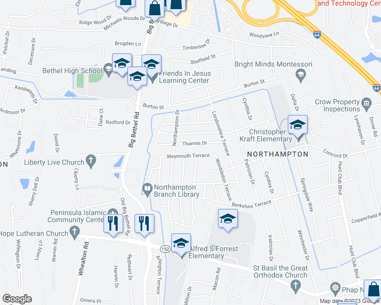 map of restaurants, bars, coffee shops, grocery stores, and more near 826 Weymouth Terrace in Hampton