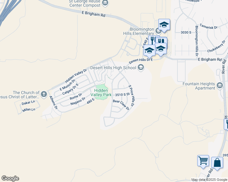 map of restaurants, bars, coffee shops, grocery stores, and more near 3481 Desert Hills Drive East in St. George
