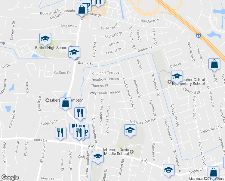 map of restaurants, bars, coffee shops, grocery stores, and more near 818 Weymouth Terrace in Hampton