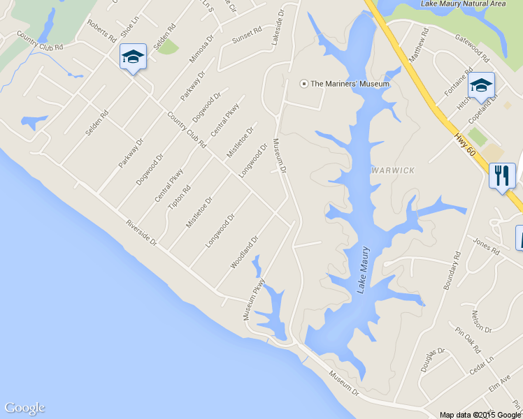 map of restaurants, bars, coffee shops, grocery stores, and more near 205 Country Club Road in Newport News