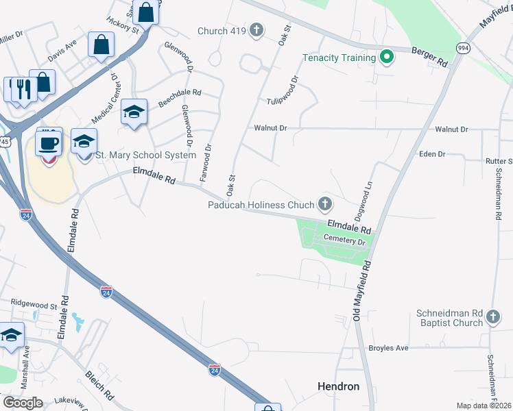 map of restaurants, bars, coffee shops, grocery stores, and more near Elmdale Road in Paducah