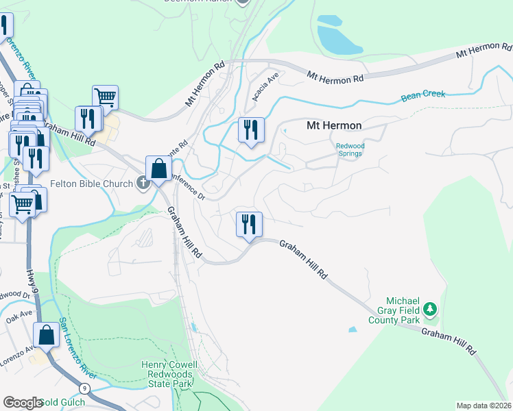 map of restaurants, bars, coffee shops, grocery stores, and more near 2 Buckeye Lane in Felton
