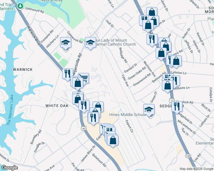 map of restaurants, bars, coffee shops, grocery stores, and more near 538 Logan Place in Newport News