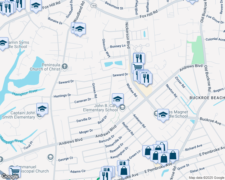 map of restaurants, bars, coffee shops, grocery stores, and more near 1944 Beall Drive in Hampton