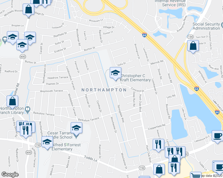 map of restaurants, bars, coffee shops, grocery stores, and more near 227 Springdale Way in Hampton