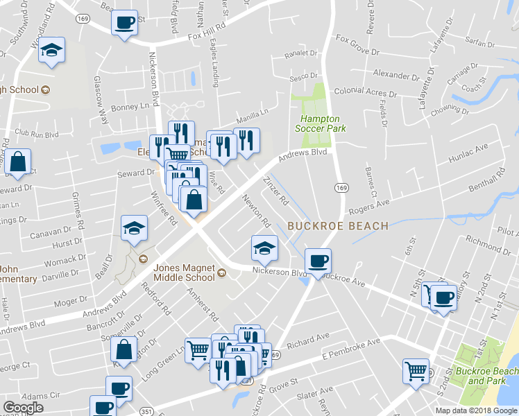 map of restaurants, bars, coffee shops, grocery stores, and more near 2008 Newton Road in Hampton