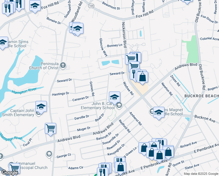 map of restaurants, bars, coffee shops, grocery stores, and more near 1944 Beall Drive in Hampton