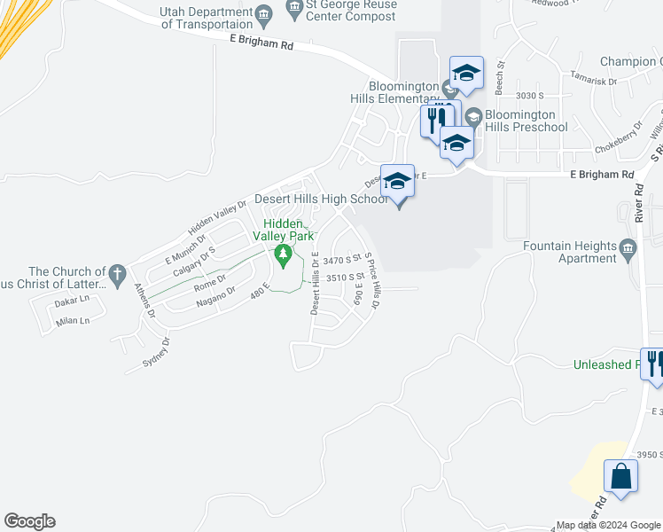 map of restaurants, bars, coffee shops, grocery stores, and more near 626 3470 South Street in St. George