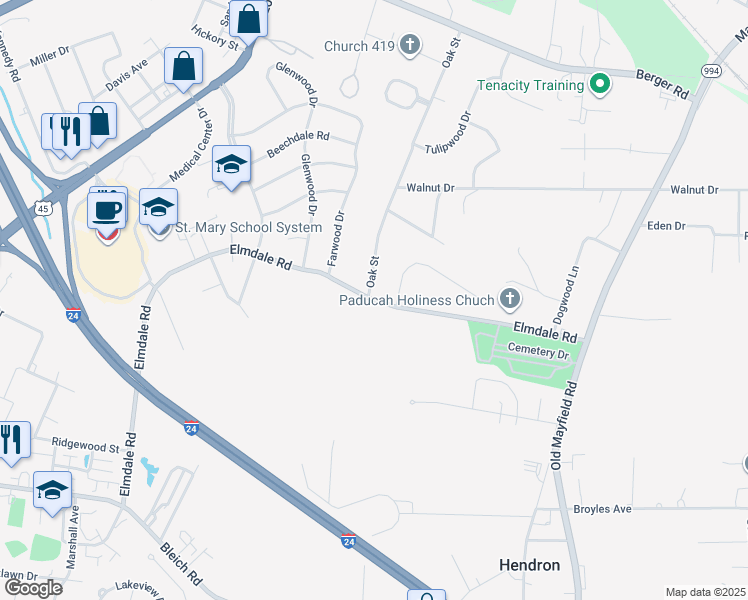 map of restaurants, bars, coffee shops, grocery stores, and more near Elmdale Road in Paducah