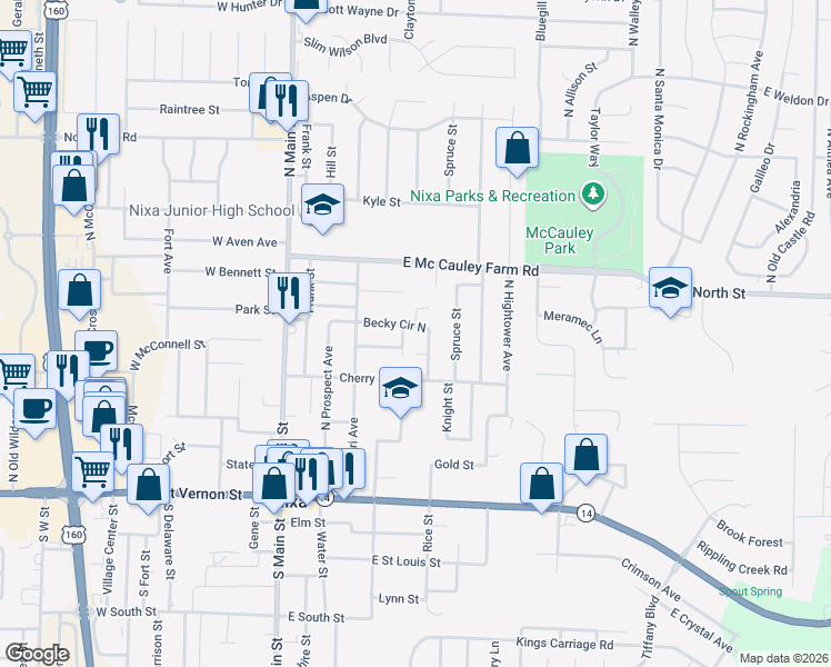 map of restaurants, bars, coffee shops, grocery stores, and more near 336 Becky Circle North in Nixa