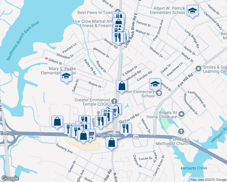 map of restaurants, bars, coffee shops, grocery stores, and more near 100 Lantana Lane in Hampton