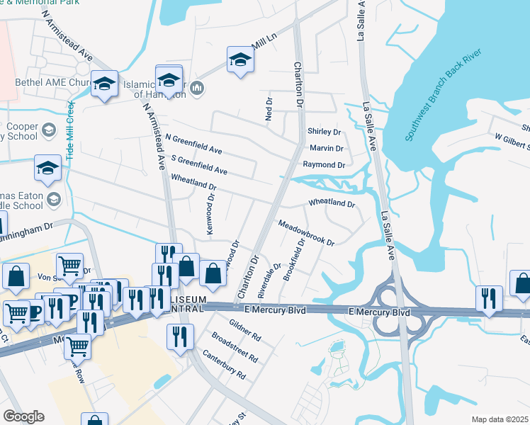 map of restaurants, bars, coffee shops, grocery stores, and more near 46 Inglewood Drive in Hampton